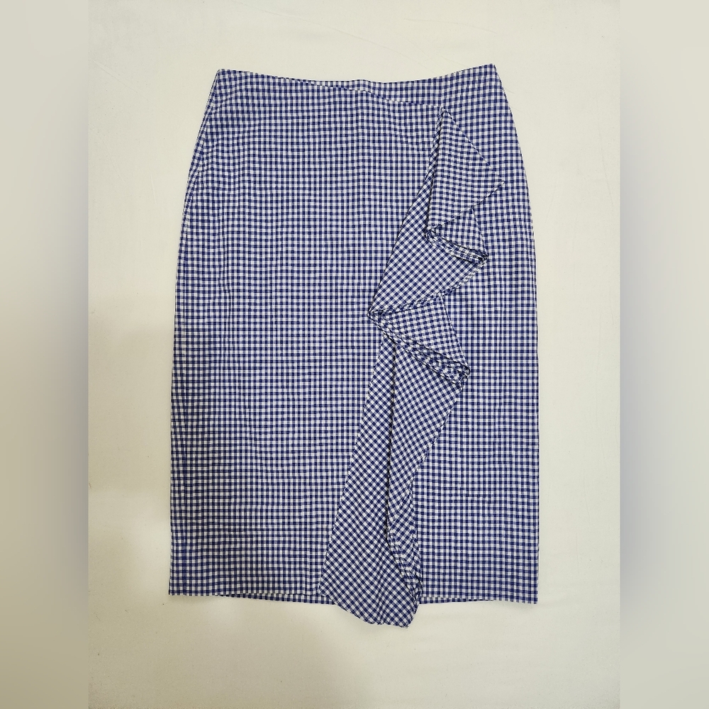 J. Crew Royal Blue and White Preppy Gingham Ruffle-Trim Pencil Skirt - Picture 1 of 8